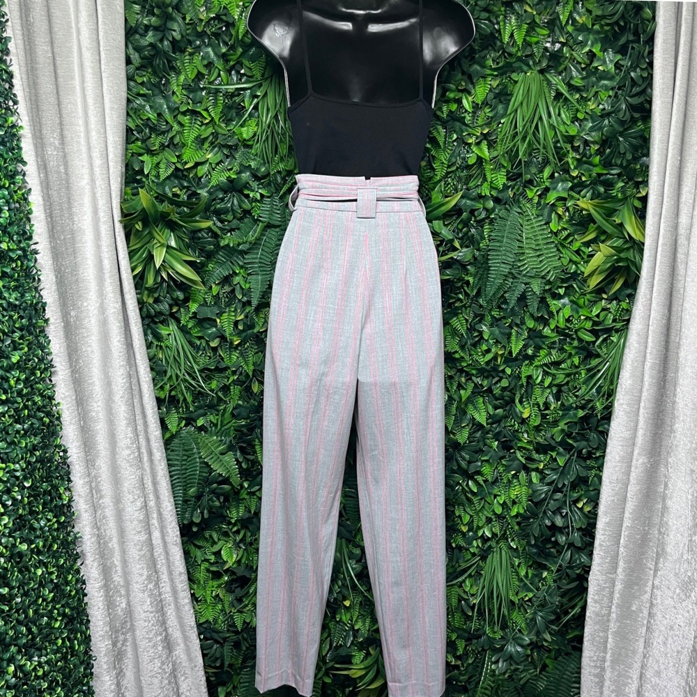 Express Pants Size 2L Pink Gray Ankle High Rise Striped Paperbag Waist 3430 - Picture 10 of 11